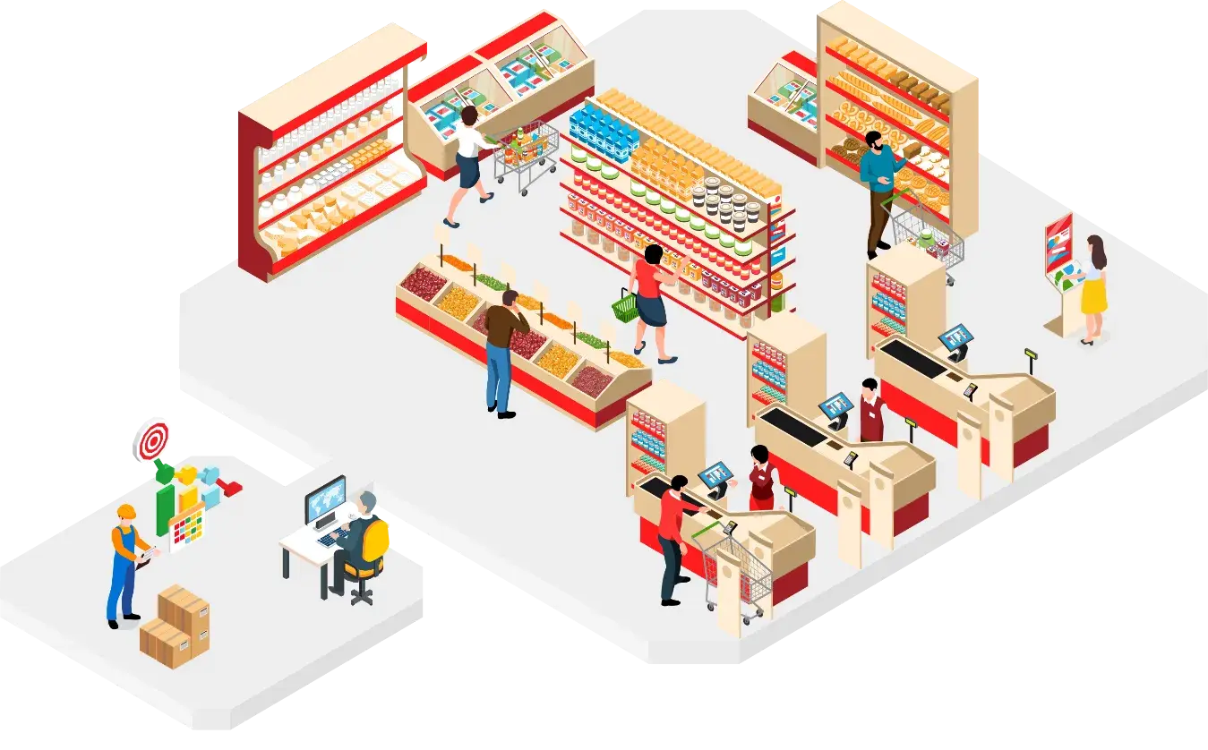 Ilustração isométrica de uma loja: gôndolas, checkout, equipe e operação