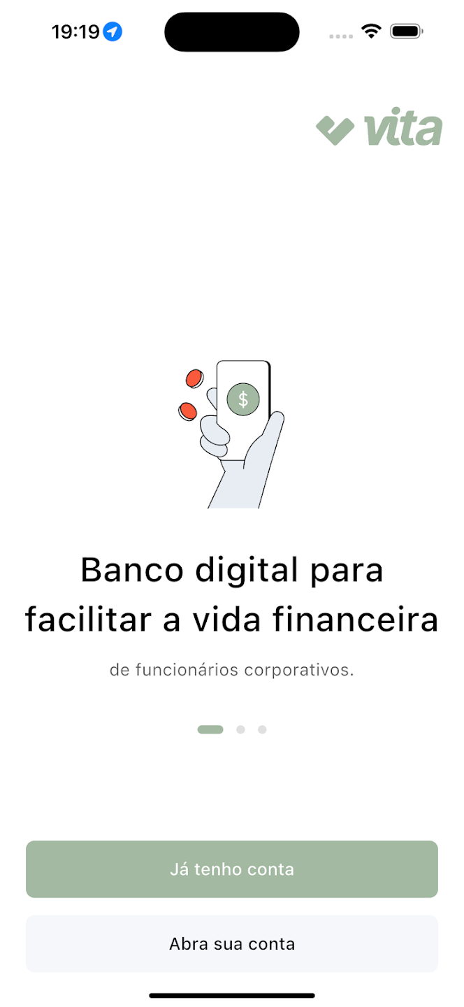 Tela de boas-vindas do app Vita Finance
